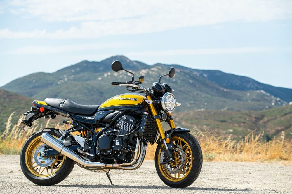 Motorcycle in front of a cityscape